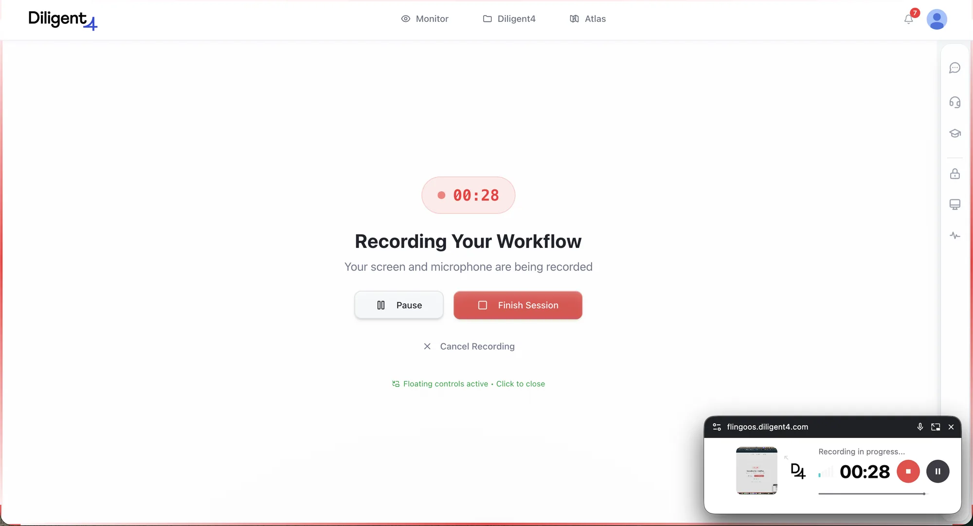 Recording a workflow: the whole screen and the narration, started by the employee